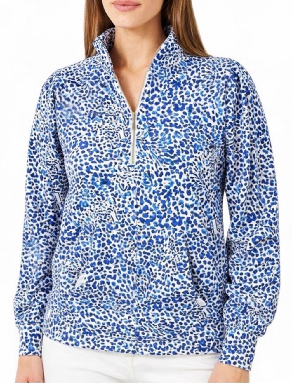 Lilly Pulitzer Blue White Animal-Print Quarter-Zip Pullover